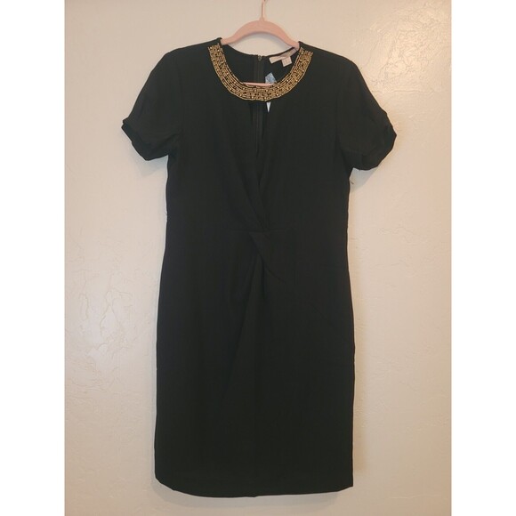 Forever 21 Womens M Black Beaded Collar Short Sleeve Sheath Dress Party Cocktail - Picture 1 of 7